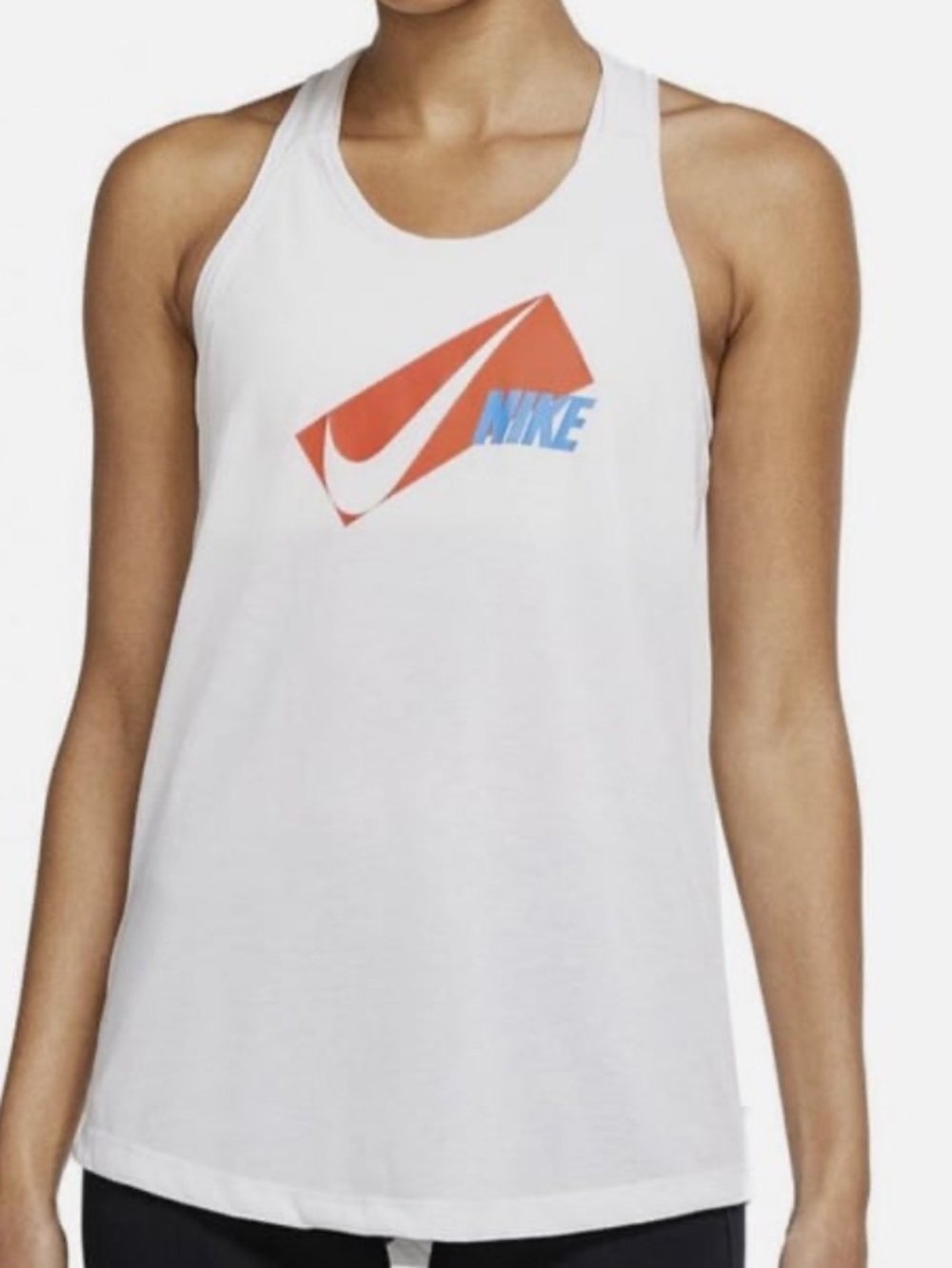 Nike White Racerback Tank with Orange Swoosh and Light Blue Logo